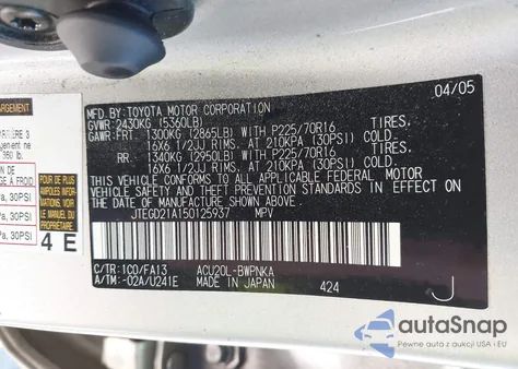 2005 Toyota Highlander from USA, damaged, VIN JTEGD21A150125937